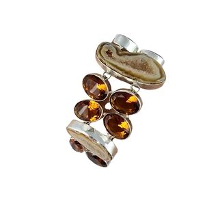 Druzy agate tawny brown faceted glass silver chunky statement bracelet